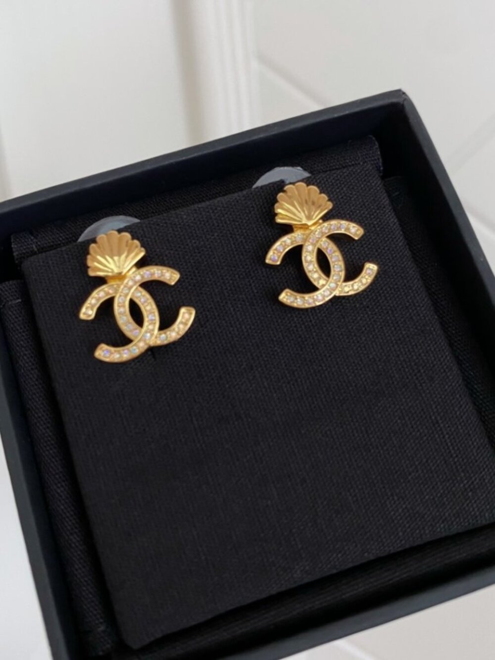 Chanel Gold-Tone Seashell & Crystal CC Logo Earrings